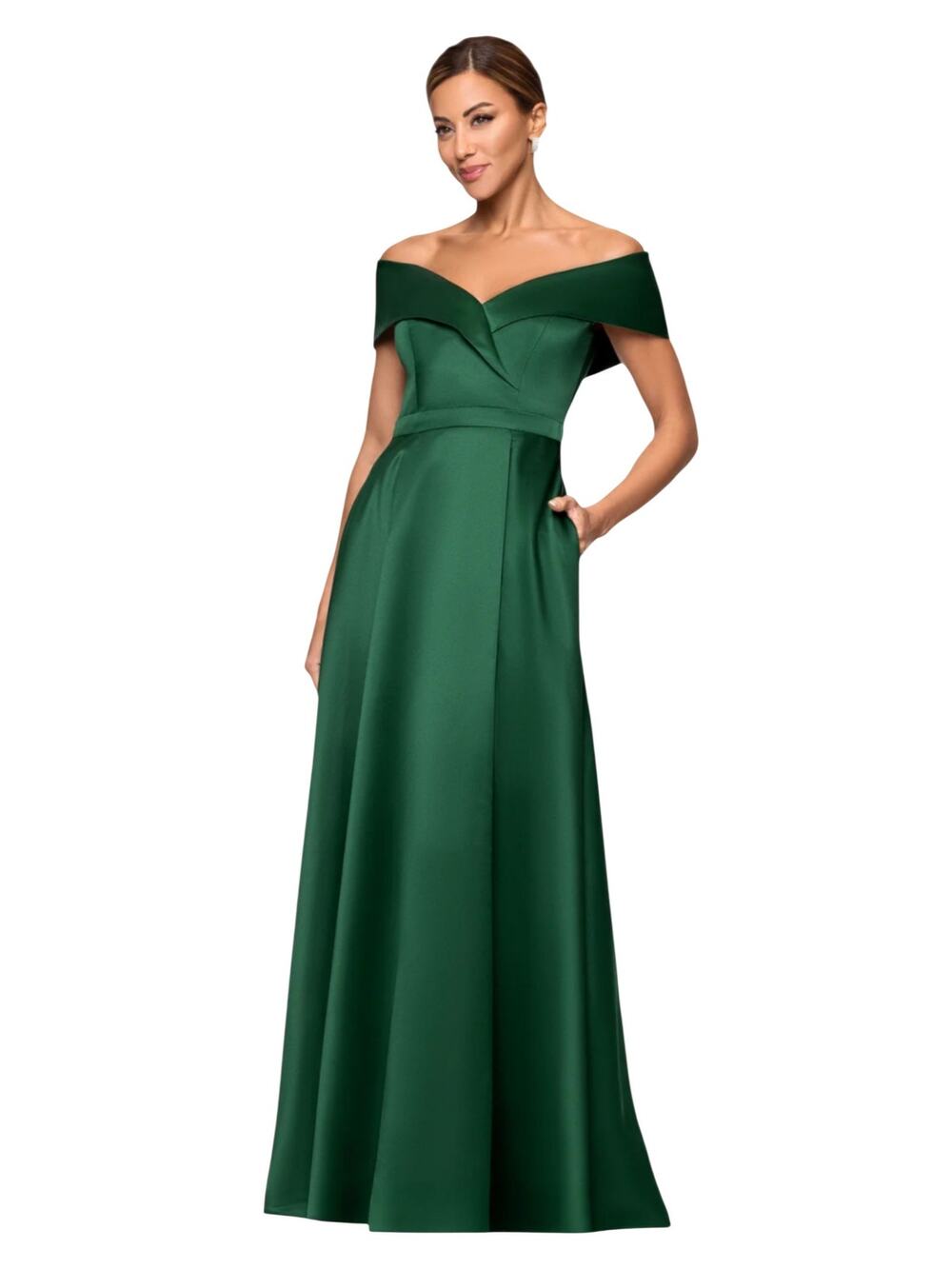 NEW XSCAPE Formal Dress Gown 12P PETITE Satin Green Off Shoulder Event Gala Prom